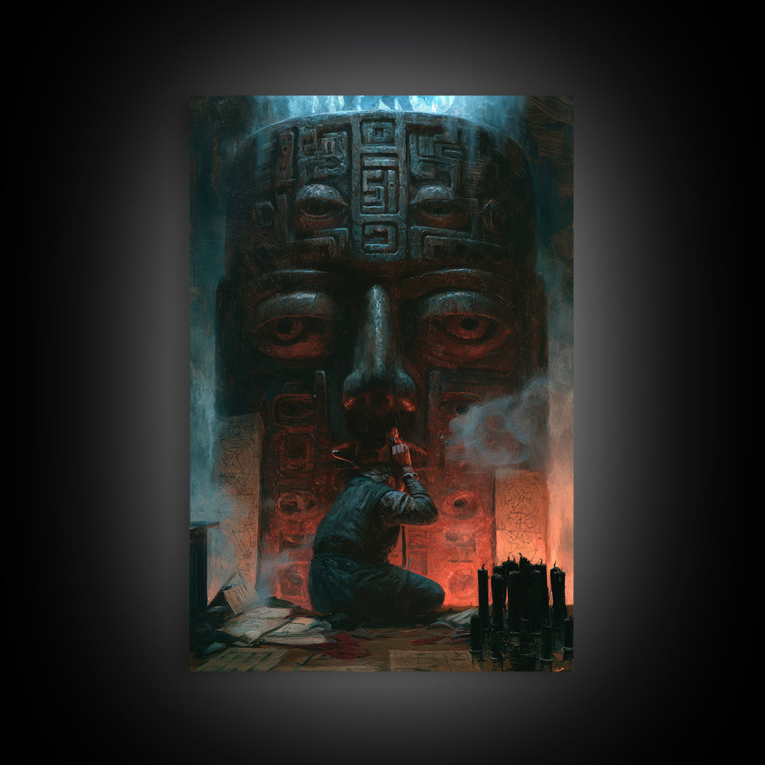 The Custodian Of The Whispering Idol, Victorian Horror Portrait, Vertical Wall Art, Framed Canvas Print, Gothic Wall Decor