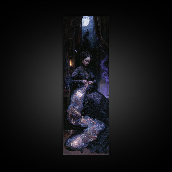 The Seamstress Of Living Nebulae, Victorian Cosmic Horror, Tall Narrow Wall Art, Framed Canvas Print, Gothic Wall Decor