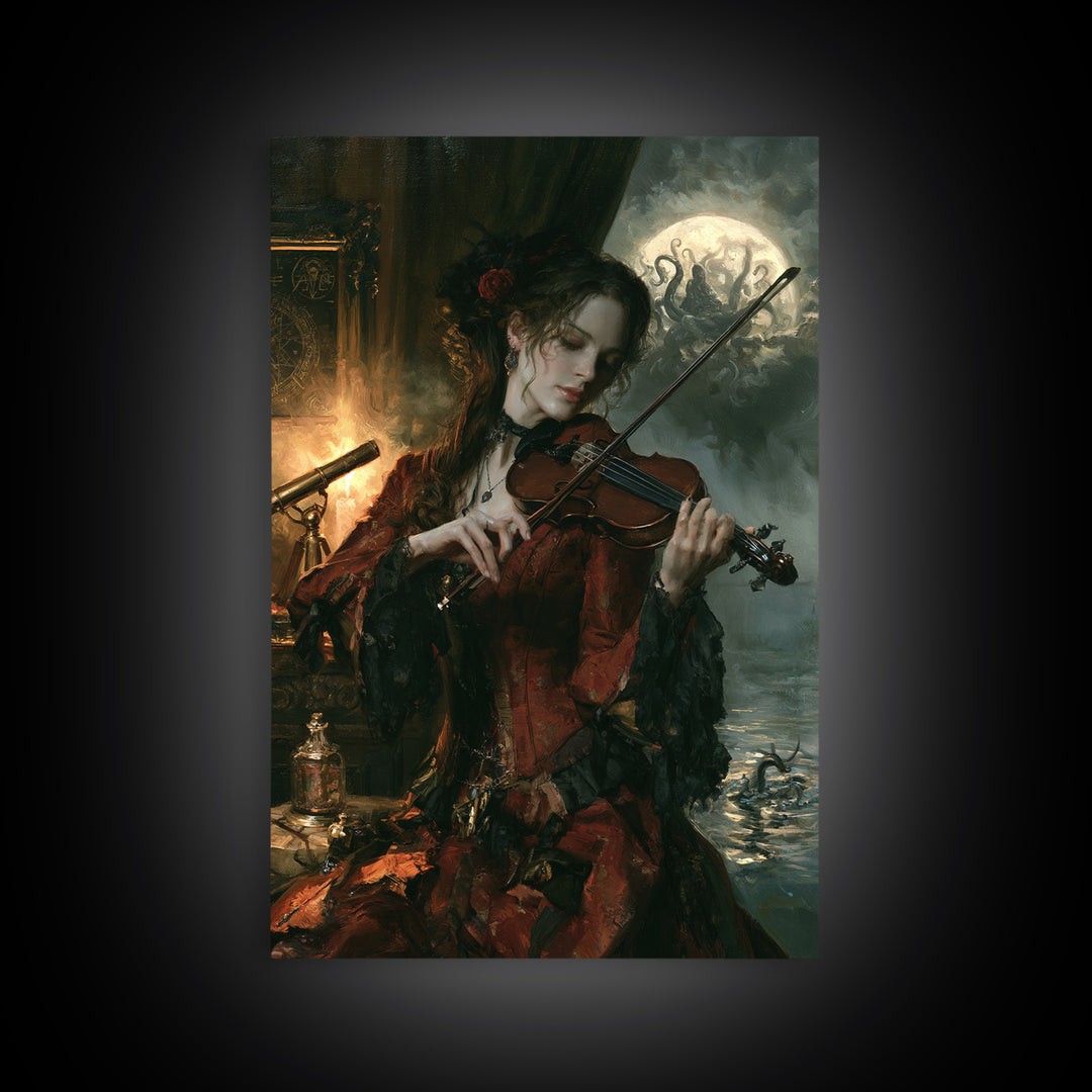 The Violinist Of The Drowned Moon, Victorian Horror Portrait, Vertical Wall Art, Framed Canvas Print, Gothic Wall Decor