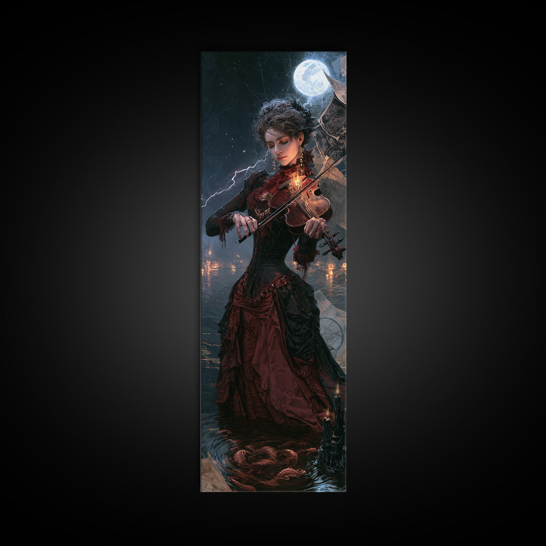 The Violinist Of The Drowned Moon, Victorian Gothic Art, Tall Narrow Wall Art, Framed Canvas Print, Gothic Wall Decor, Dark Fantasy Art