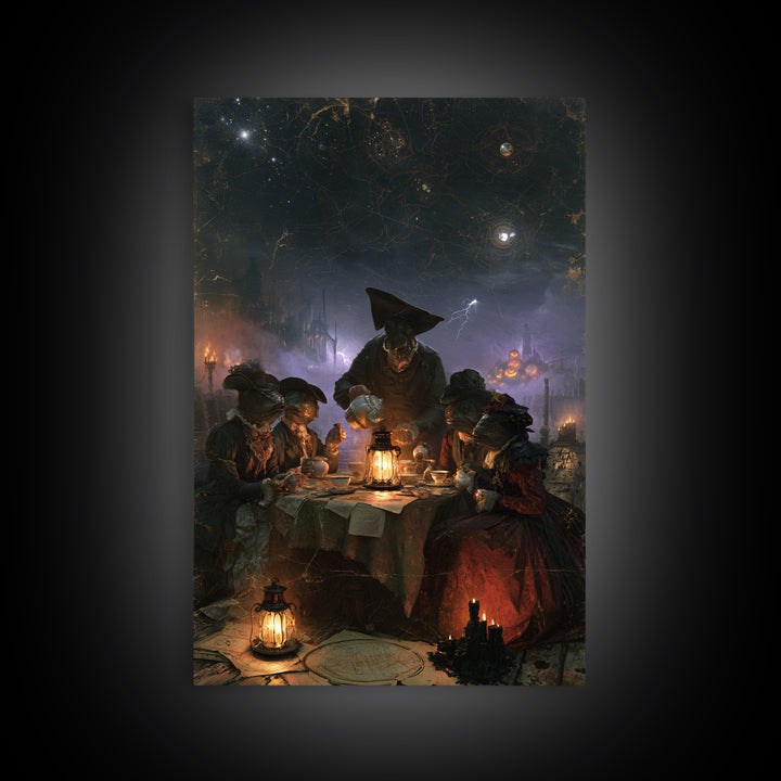 The Tea Party At Innsmouth Pier, Lovecraftian Portrait Art, Vertical Wall Art, Framed Canvas Print, Gothic Wall Decor