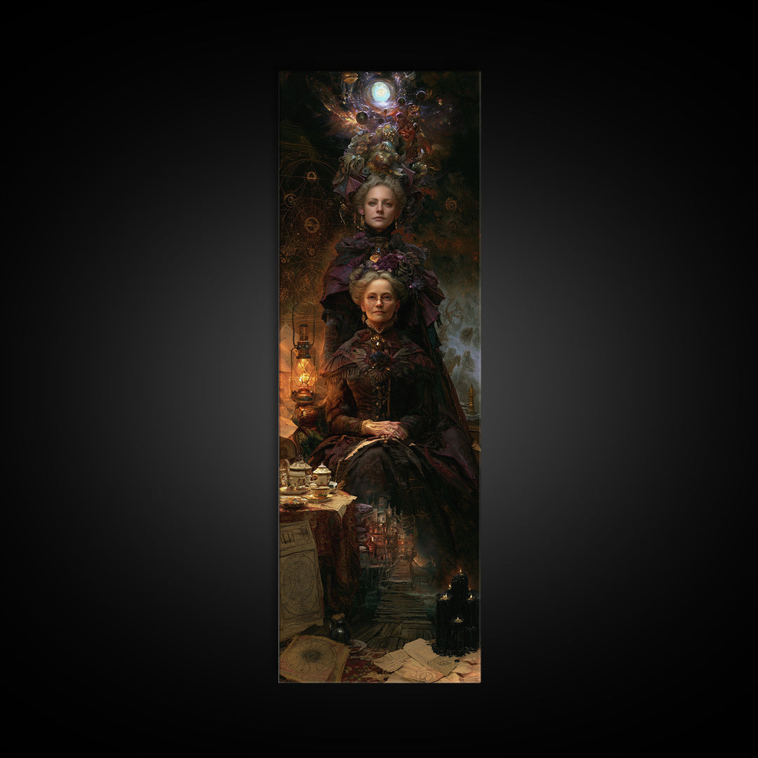 The Tea Party At Innsmouth Pier, Antique Gothic Portrait, Tall Narrow Wall Art, Canvas Print, Gothic Wall Decor, Halloween Portrait Art