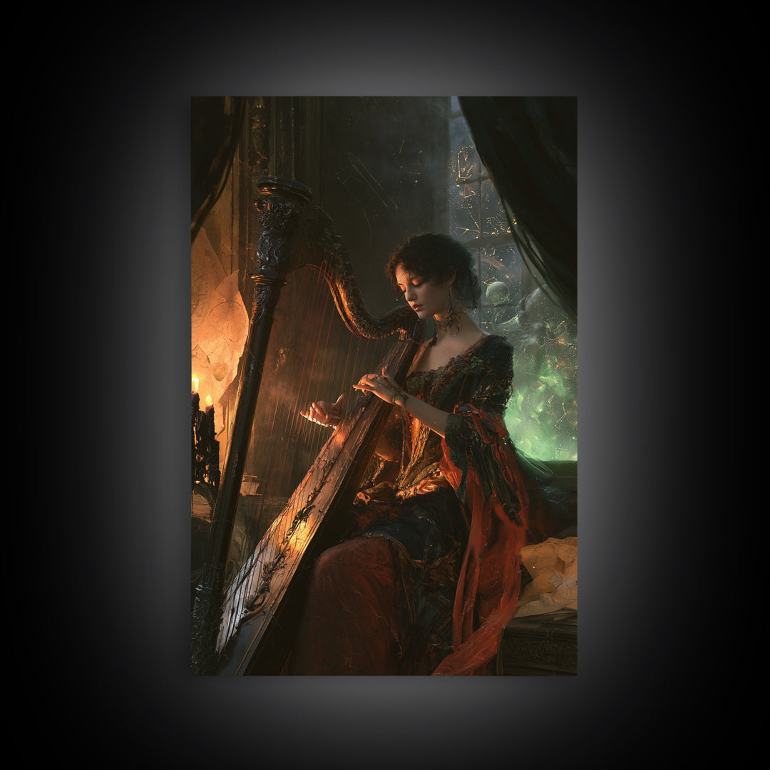 The Harpist Of Abyssal Sleep, Victorian Gothic Art, Vertical Wall Art, Framed Canvas Print, Gothic Wall Decor, Halloween Portrait Art