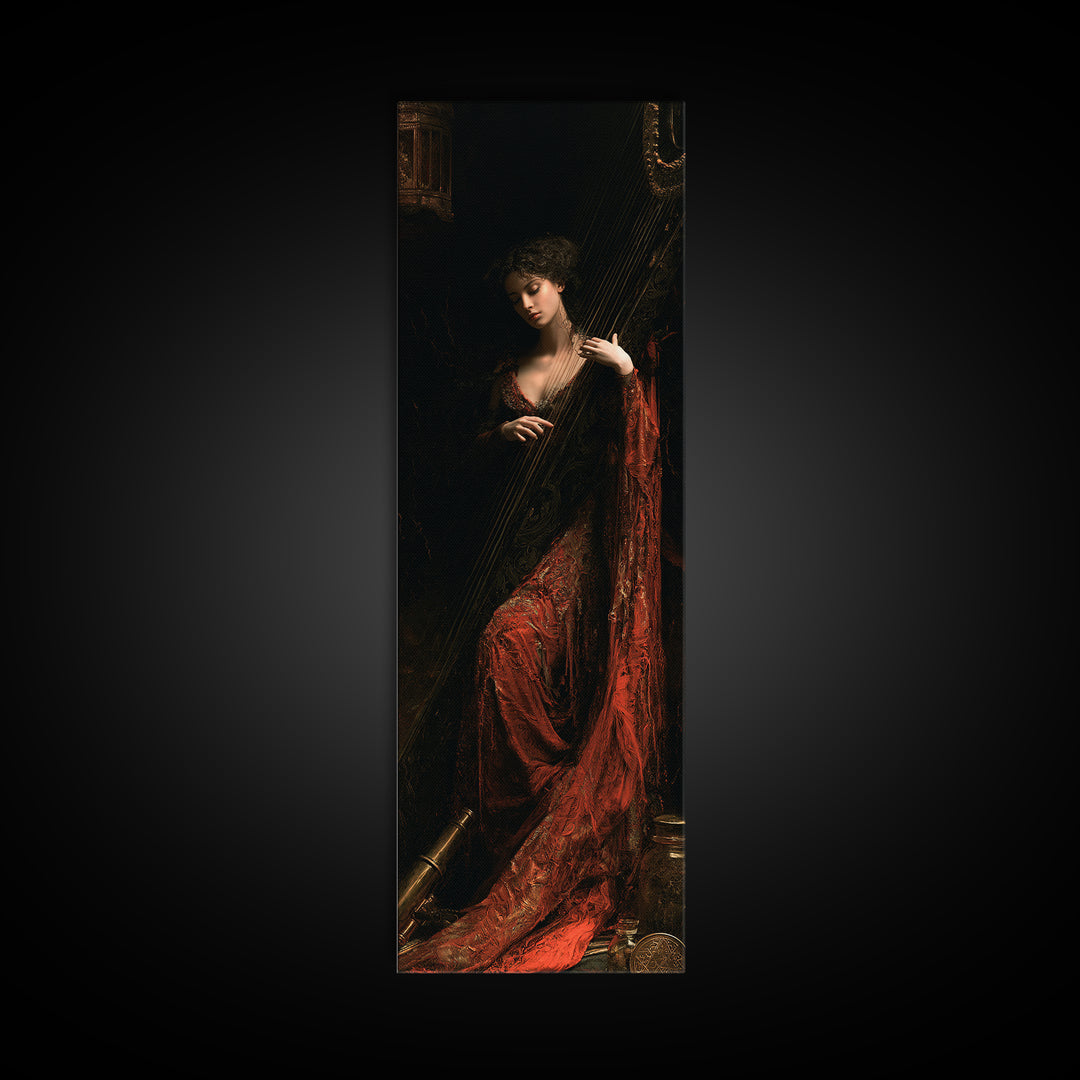 The Harpist Of Abyssal Sleep, Victorian Gothic Art, Tall Narrow Wall Art, Canvas Print, Gothic Wall Decor, Halloween Portrait Art