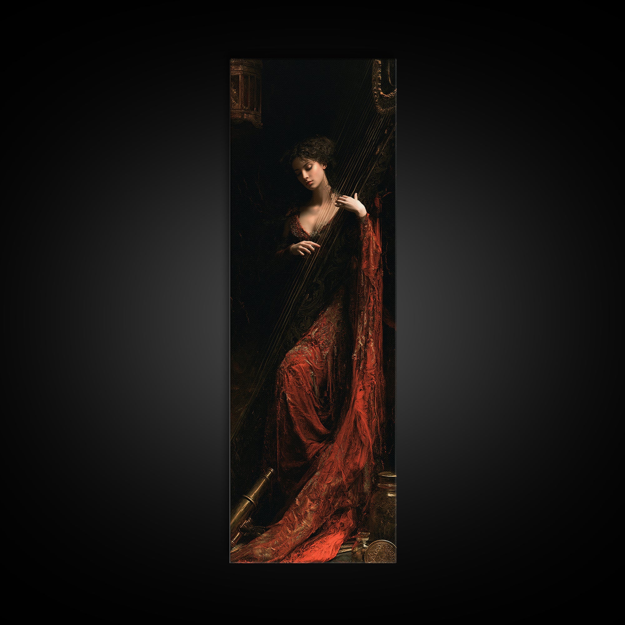 The Harpist Of Abyssal Sleep, Victorian Gothic Art, Tall Narrow Wall Art, Canvas Print, Gothic Wall Decor, Halloween Portrait Art