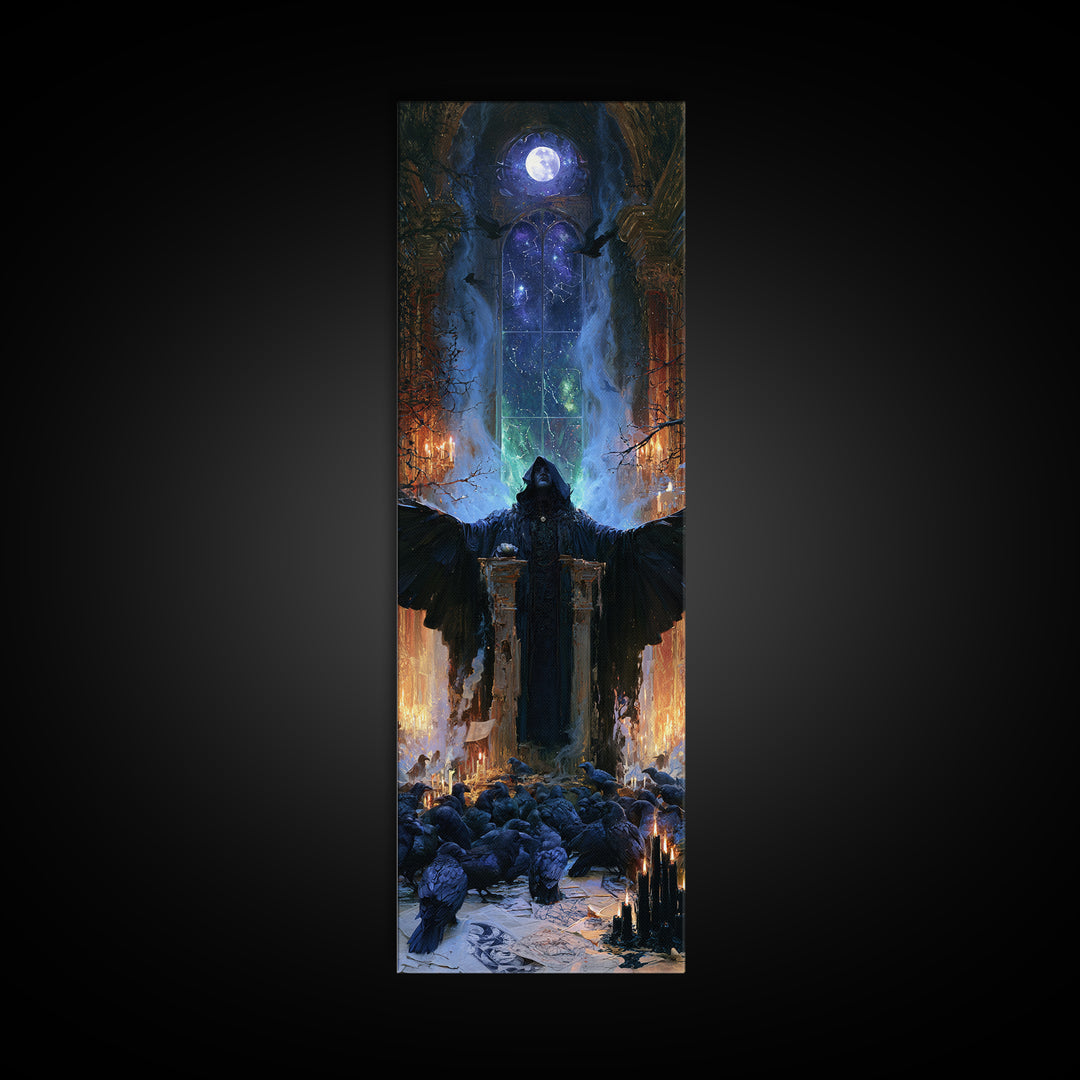 The Raven Sermon Of Leng, Victorian Gothic Art, Tall Narrow Wall Art, Canvas Print, Gothic Wall Decor, Halloween Portrait Art