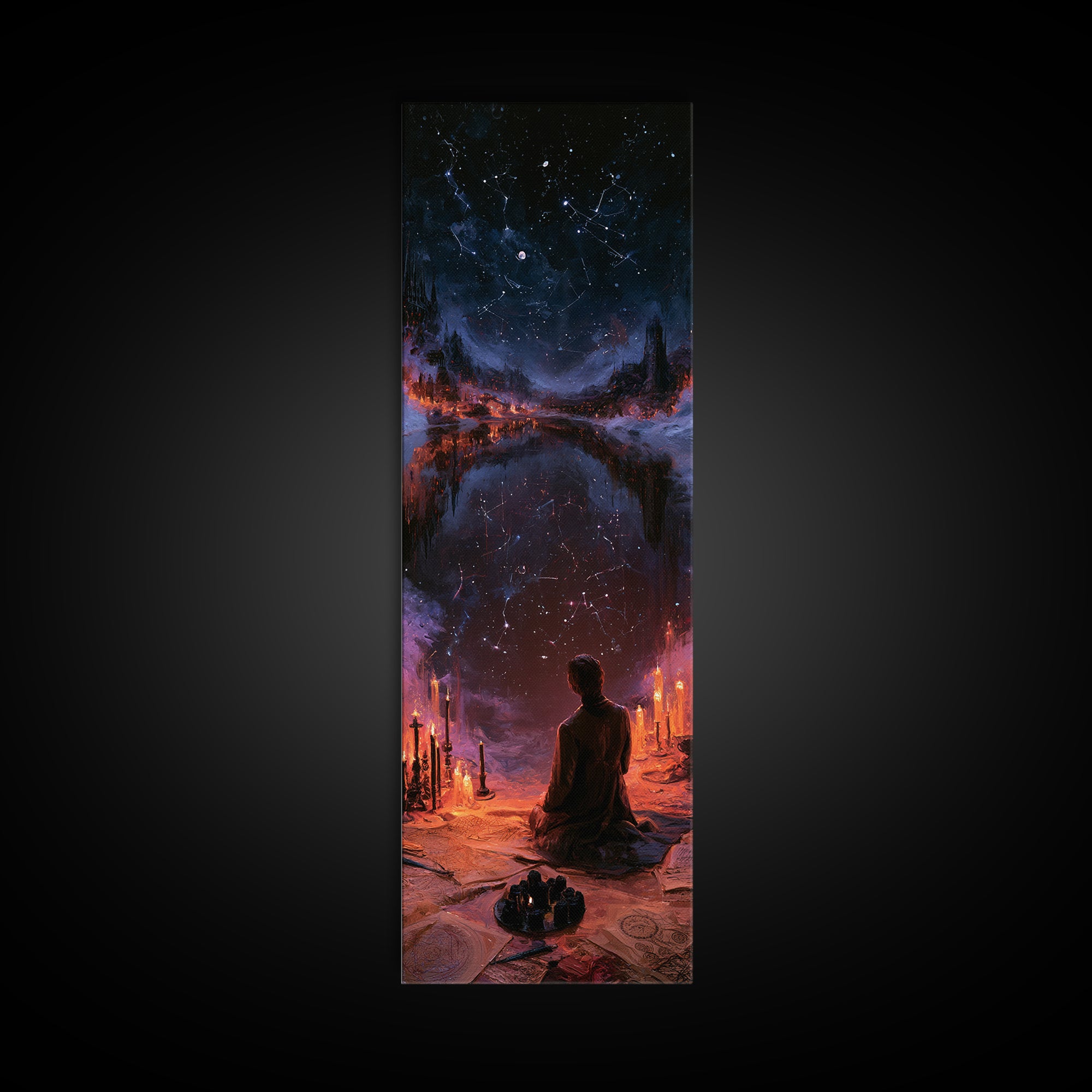 The Mirror Lake Of Lost Constellations, Lovecraftian Portrait Art, Tall Narrow Wall Art, Framed Canvas Print, Gothic Wall Decor