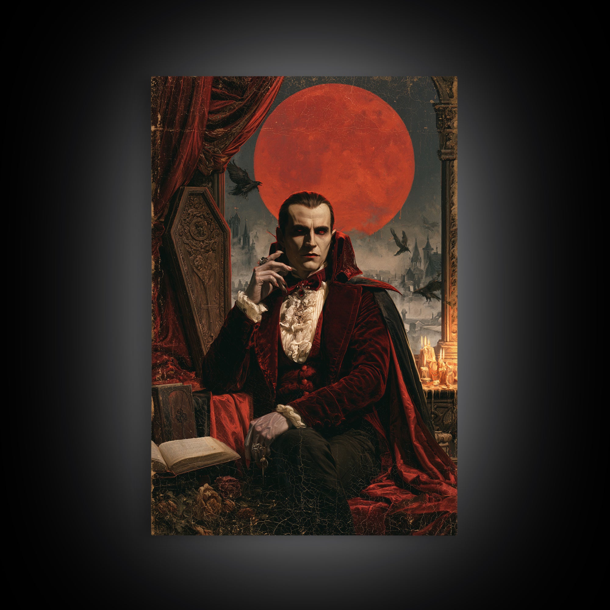 The Crimson Count, Victorian Vampire Portrait, Vertical Canvas Print, Macabre Home Decor, Antique Horror Decor, Classic Monster Art