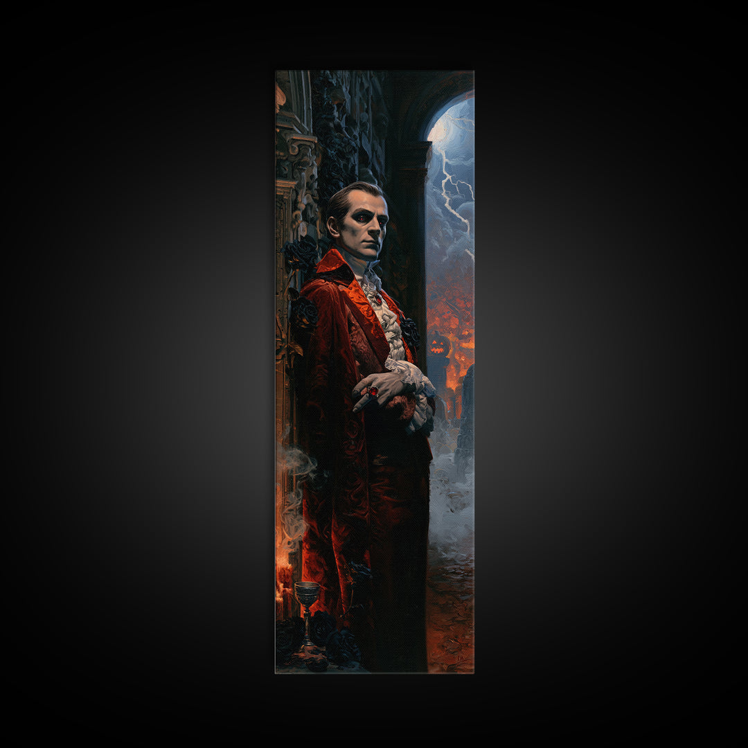 The Crimson Count, Victorian Vampire Portrait, Tall Narrow Canvas Print, Antique Style Decor, Gothic Wall Decor, Classic Monster Art