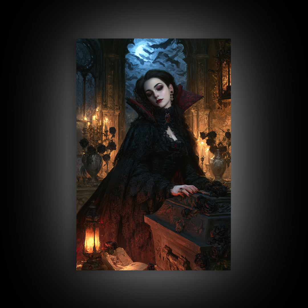 The Rose-Coffin Countess, Victorian Vampire Portrait, Vertical Canvas Print, Classic Halloween Decor, Canvas Print, Classic Monster Art