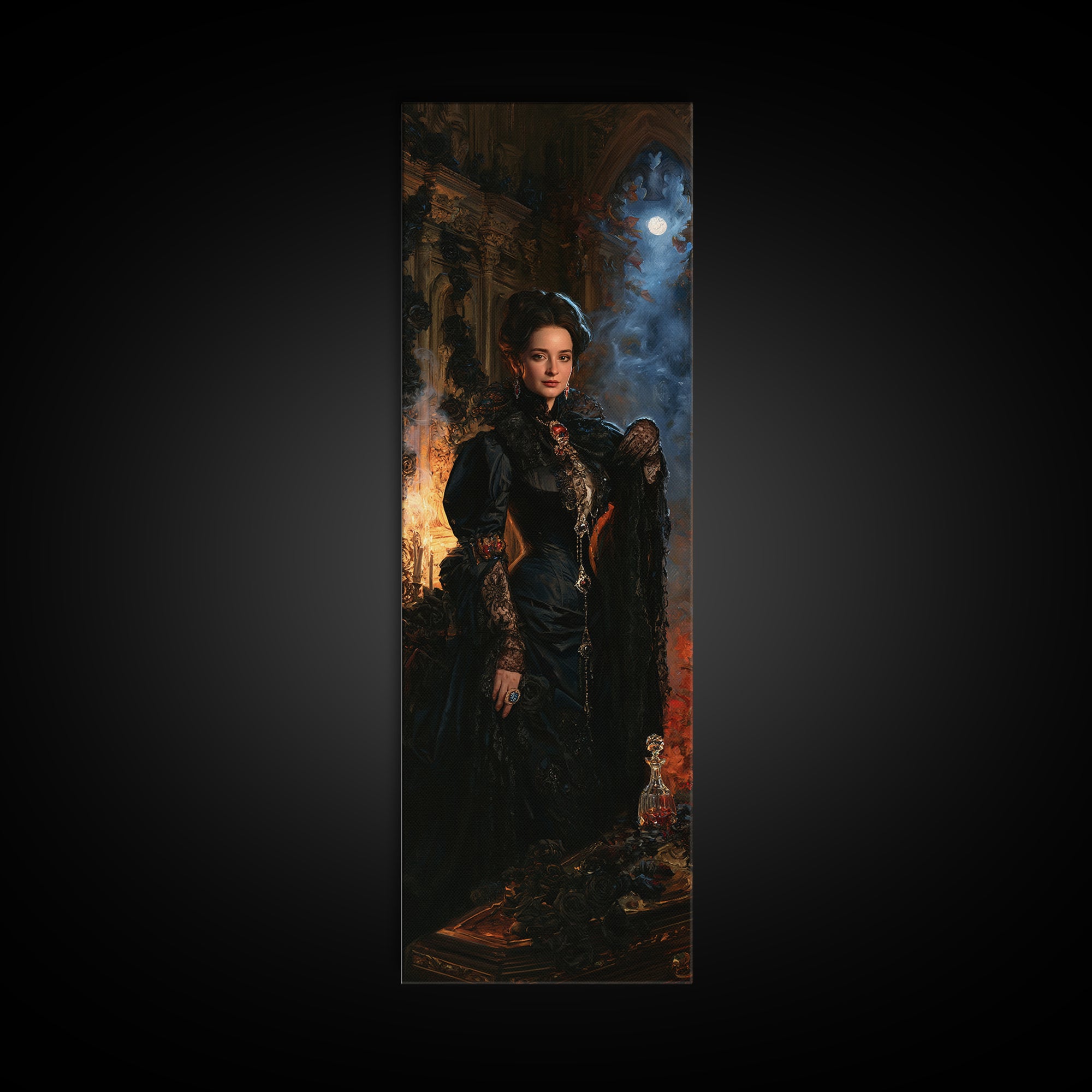 The Rose-Coffin Countess, Victorian Vampire Portrait, Tall Narrow Canvas Print, Macabre Home Decor, Gothic Wall Decor, Classic Monster Art