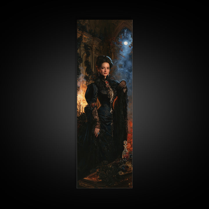 The Rose-Coffin Countess, Victorian Vampire Portrait, Tall Narrow Canvas Print, Macabre Home Decor, Gothic Wall Decor, Classic Monster Art