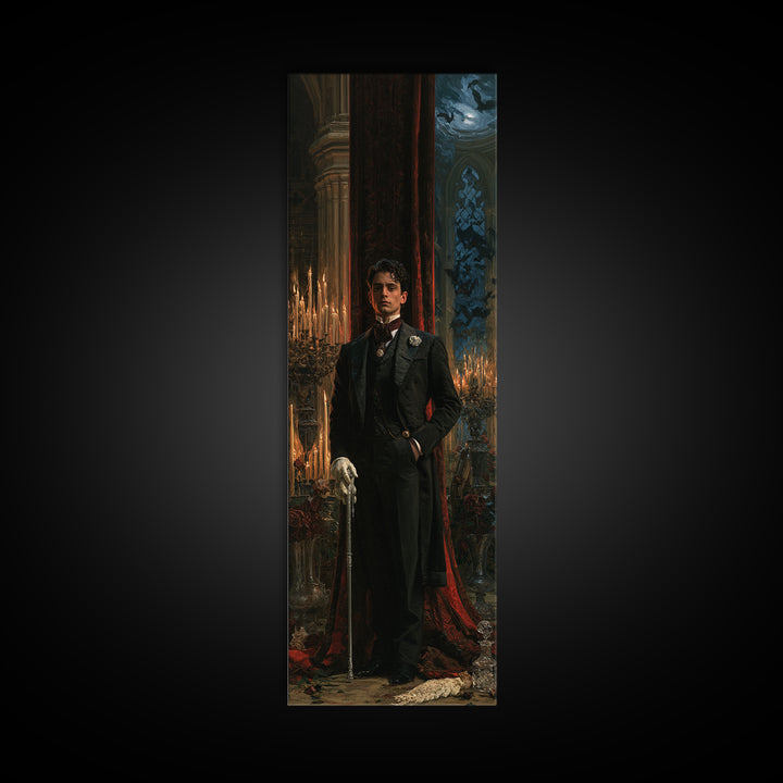 The Moonlit Viscount, Victorian Vampire Portrait, Tall Narrow Canvas Print, Classic Halloween Decor, Classic Monster Art