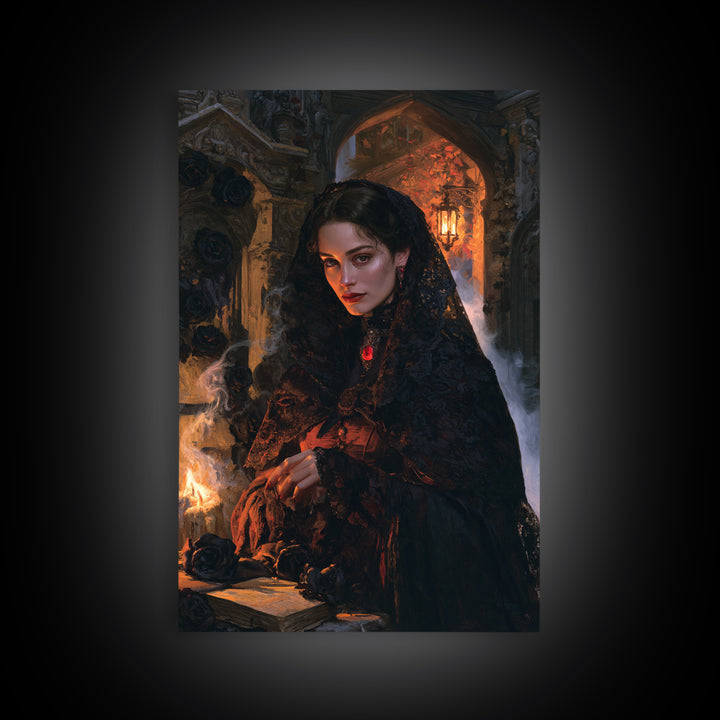 The Widow Of Black Veils, Victorian Vampire Portrait, Vertical Canvas Print, Classic Halloween Decor, Gothic Wall Decor, Classic Monster Art