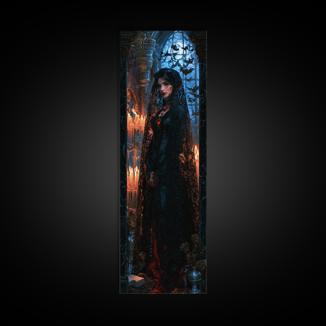 The Widow Of Black Veils, Victorian Vampire Portrait, Tall Narrow Canvas Print, Dark Academia Decor, Classic Monster Art
