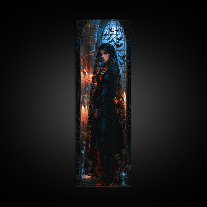 The Widow Of Black Veils, Victorian Vampire Portrait, Tall Narrow Canvas Print, Dark Academia Decor, Classic Monster Art