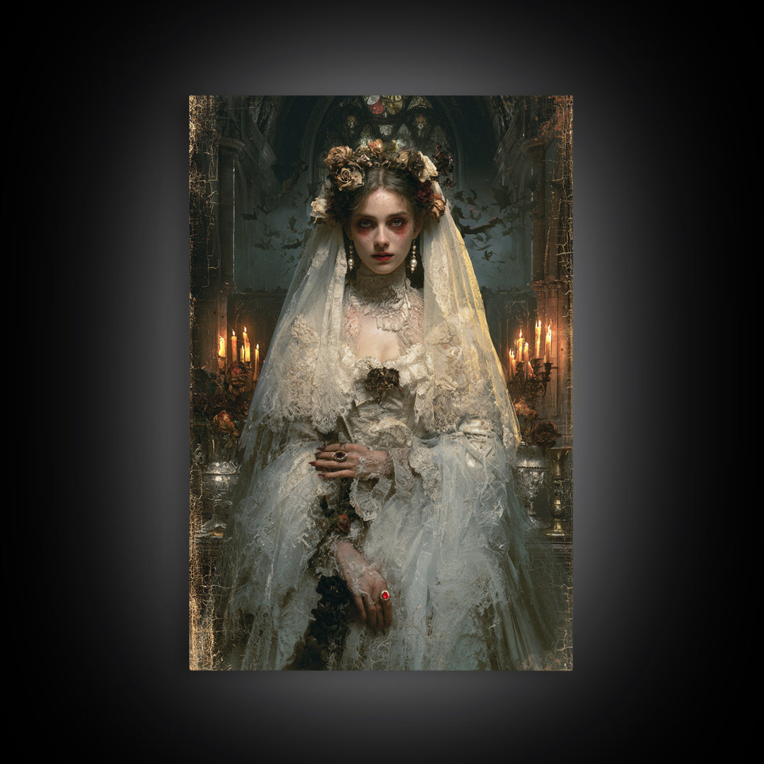 The Chapel Crypt Bride, Victorian Vampire Portrait, Vertical Canvas Print, Macabre Home Decor, Spooky Season Decor, Classic Monster Art