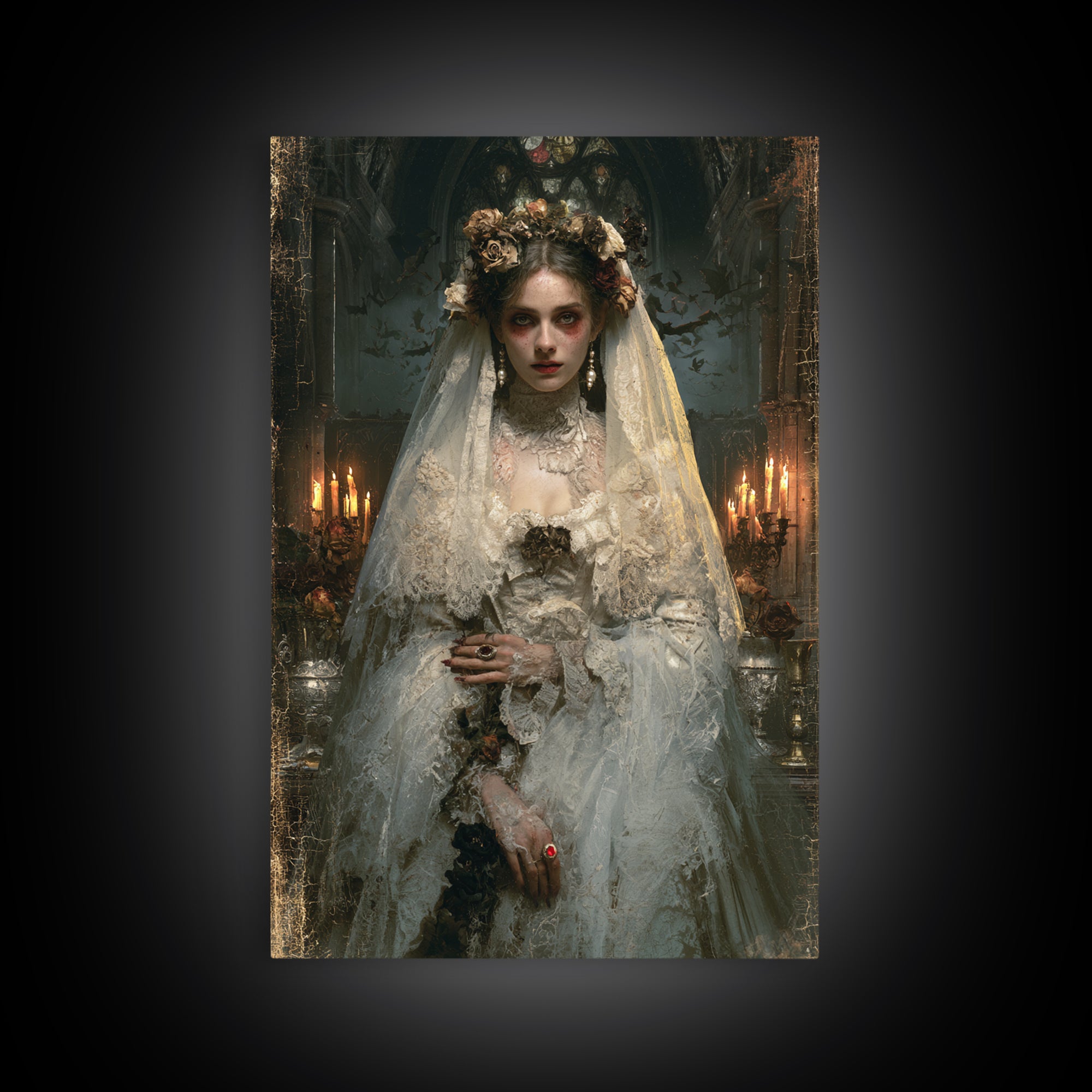 The Chapel Crypt Bride, Victorian Vampire Portrait, Vertical Canvas Print, Macabre Home Decor, Spooky Season Decor, Classic Monster Art