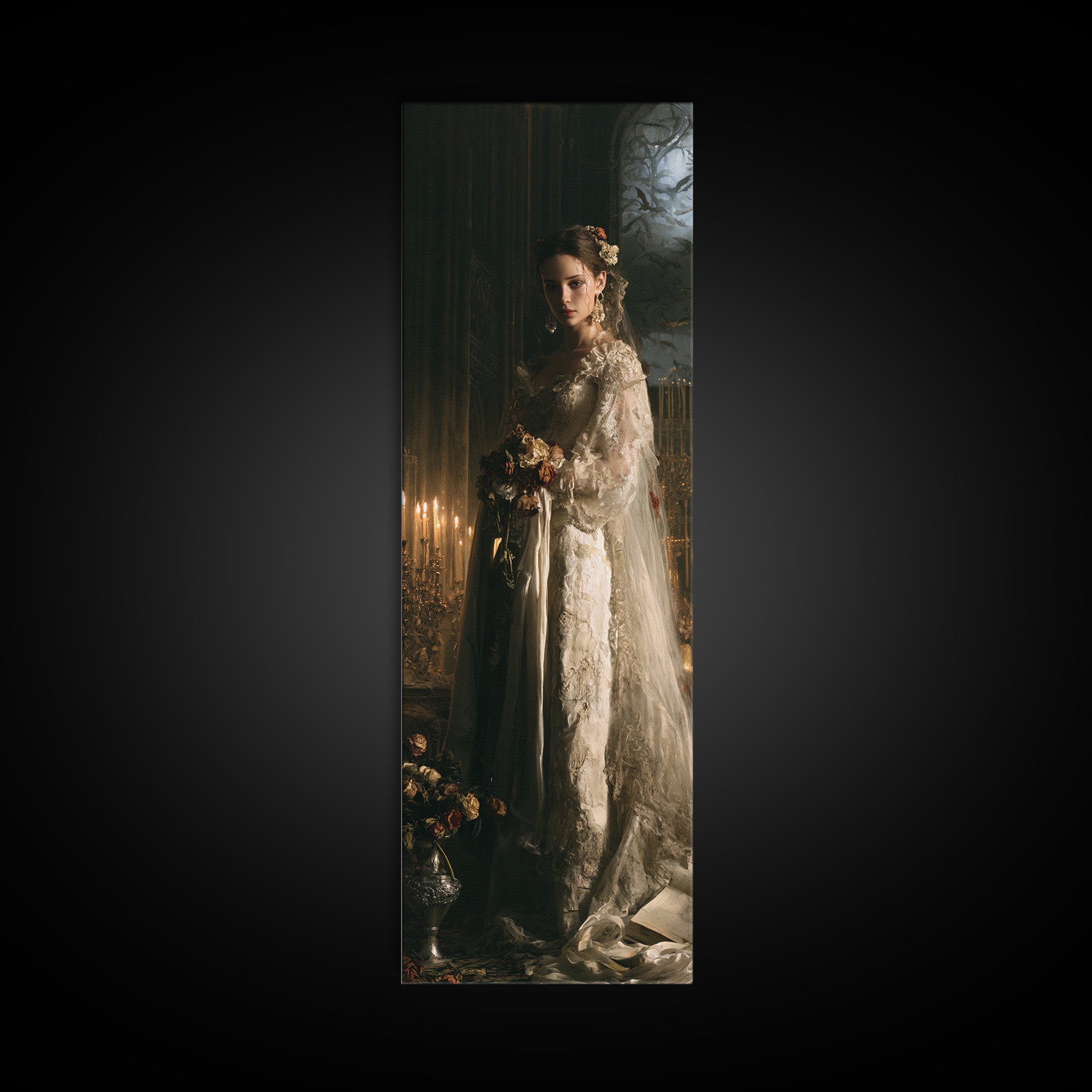 The Chapel Crypt Bride, Victorian Vampire Portrait, Tall Narrow Canvas Print, Classic Halloween Decor, Classic Monster Art