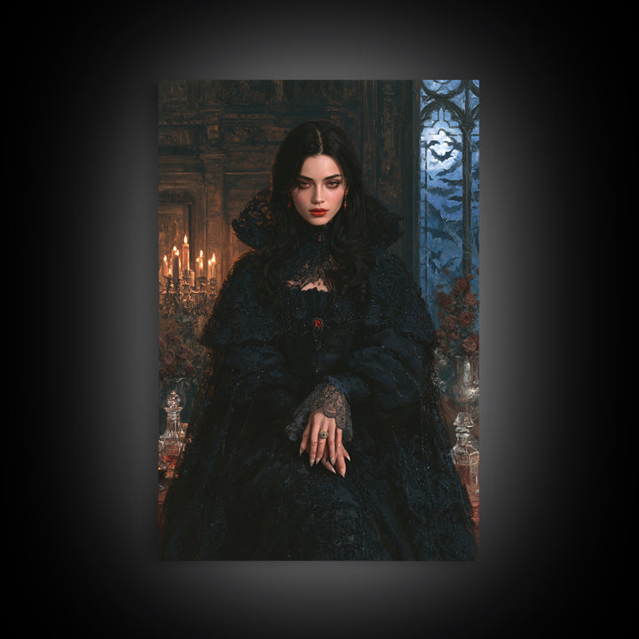 The Velvet-Fanged Heiress, Victorian Vampire Portrait, Vertical Canvas Print, Gothic Home Decor, Gothic Wall Decor, Classic Monster Art