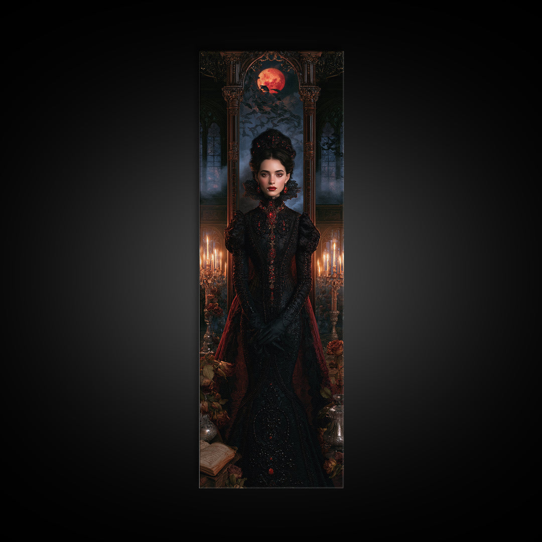 The Velvet-Fanged Heiress, Victorian Vampire Portrait, Tall Narrow Canvas Print, Antique Style Decor, Classic Monster Art