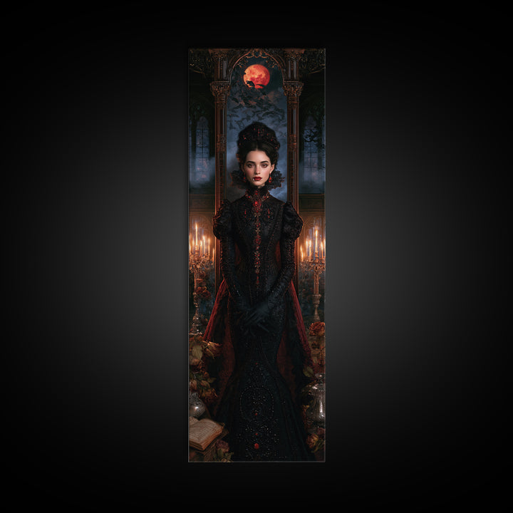 The Velvet-Fanged Heiress, Victorian Vampire Portrait, Tall Narrow Canvas Print, Antique Style Decor, Classic Monster Art