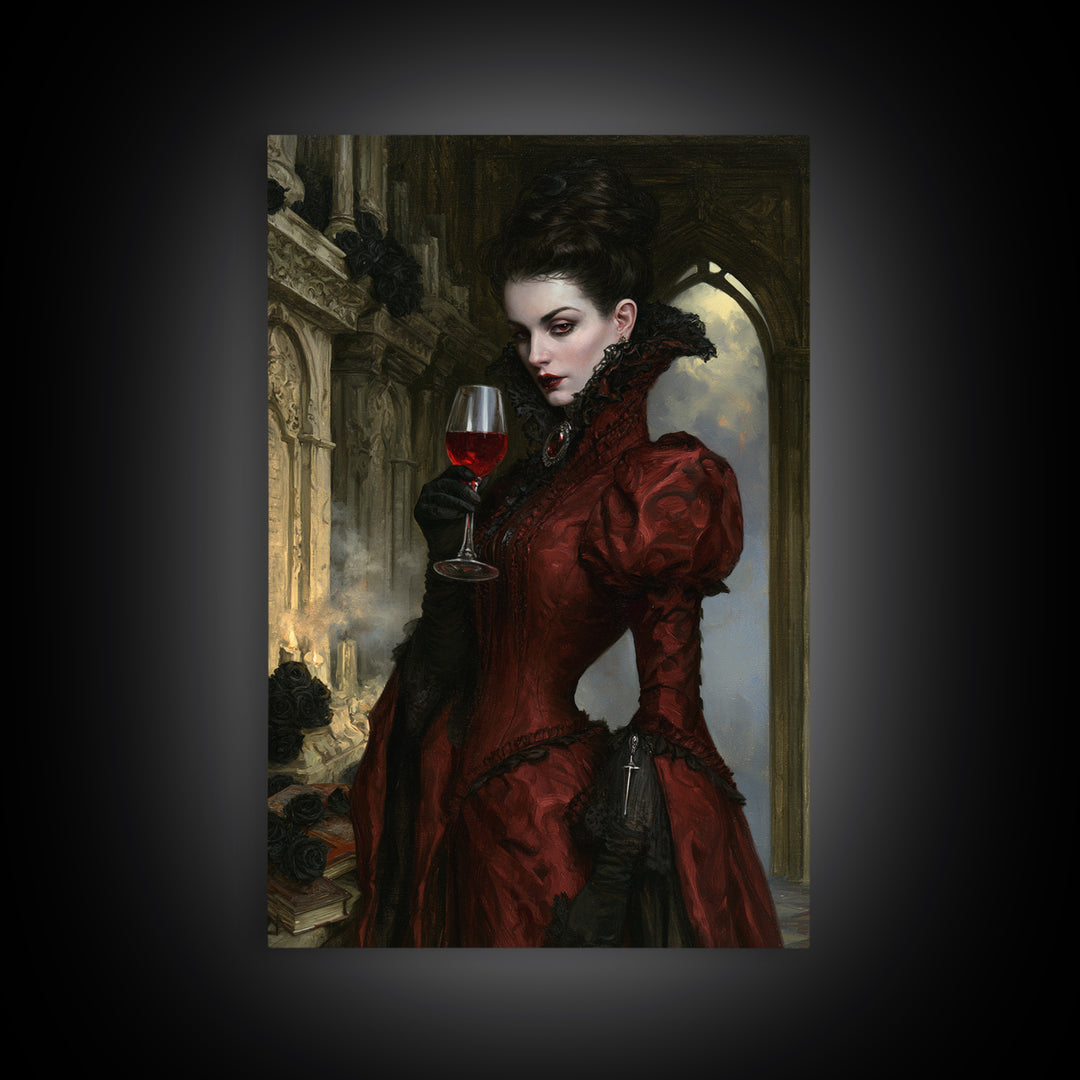 The Scarlet Thirst Duchess, Victorian Vampire Portrait, Vertical Canvas Print, Gothic Home Decor, Gothic Wall Decor, Classic Monster Art