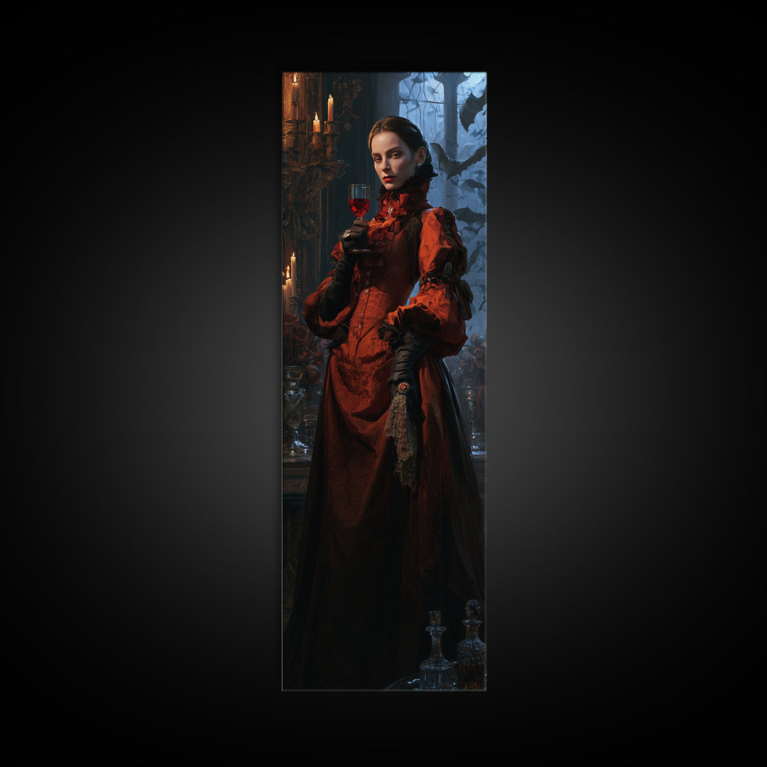 The Scarlet Thirst Duchess, Victorian Vampire Portrait, Tall Narrow Canvas Print, Antique Style Decor, Classic Monster Art