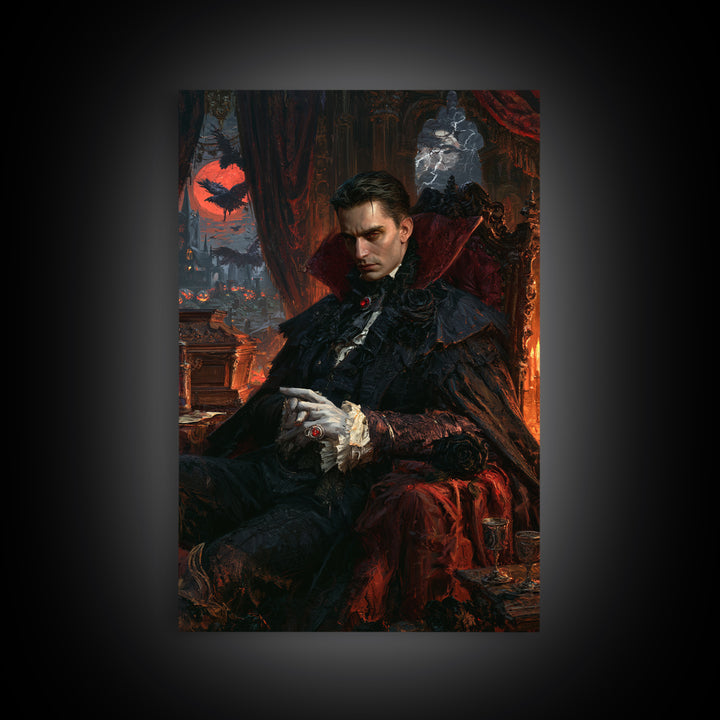The Last Carpathian Lord, Victorian Vampire Portrait, Vertical Canvas Print, Classic Halloween Decor, Classic Monster Art