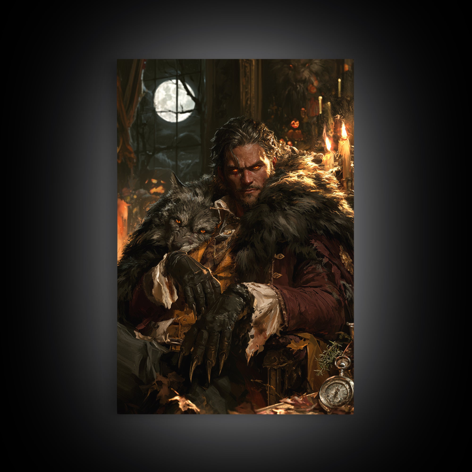 The Silver-Wolf Heir, Victorian Werewolf Portrait, Vertical Canvas Print, Dark Academia Decor, Antique Horror Decor, Classic Monster Art