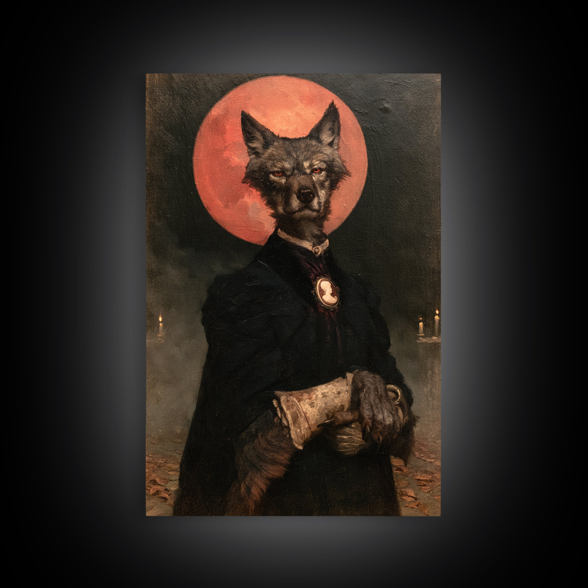 The Wolf Moon Governess, Victorian Werewolf Portrait, Vertical Canvas Print, Antique Style Decor, Spooky Season Decor, Classic Monster Art