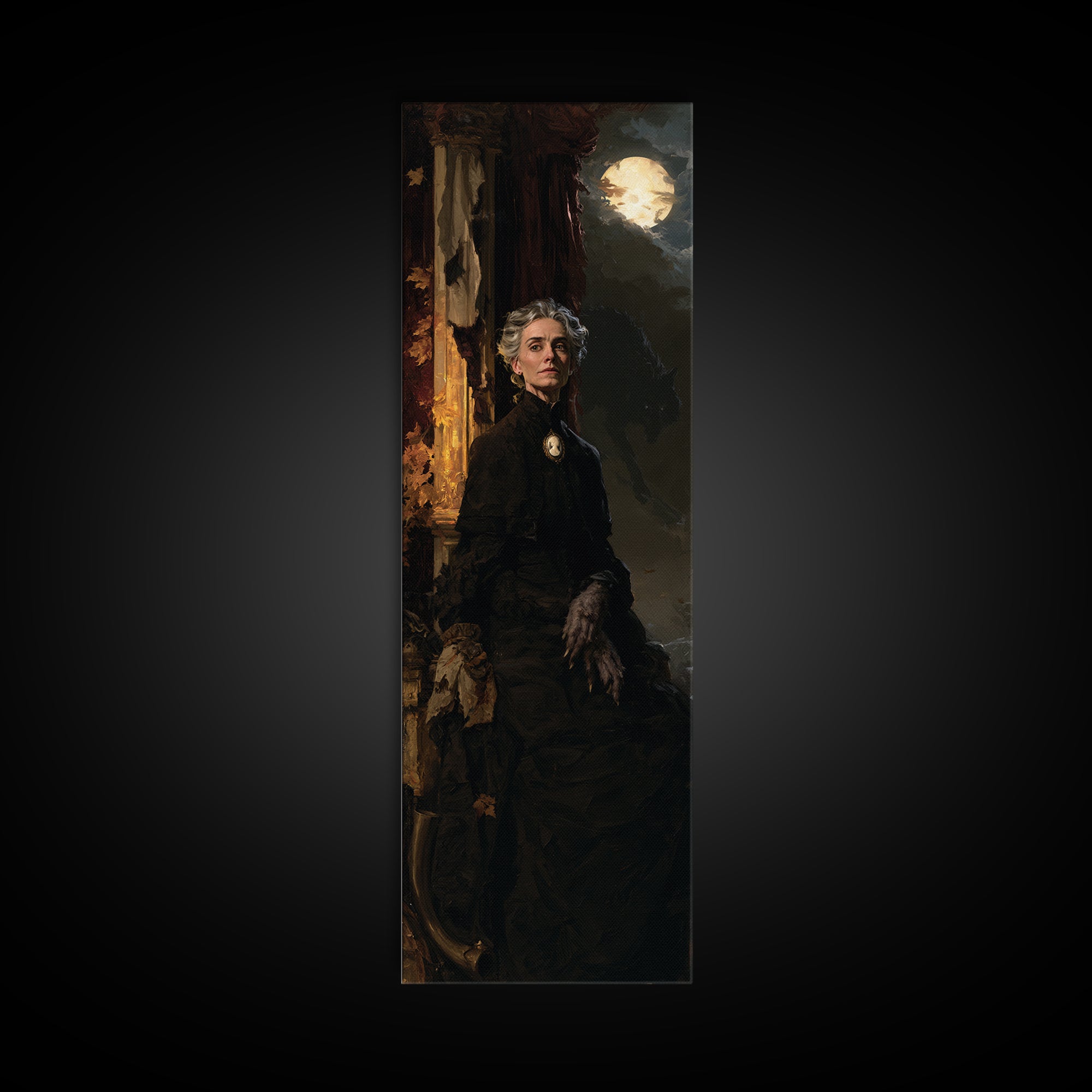The Wolf Moon Governess, Victorian Werewolf Portrait, Tall Narrow Canvas Print, Dark Academia Decor, Canvas Print, Classic Monster Art