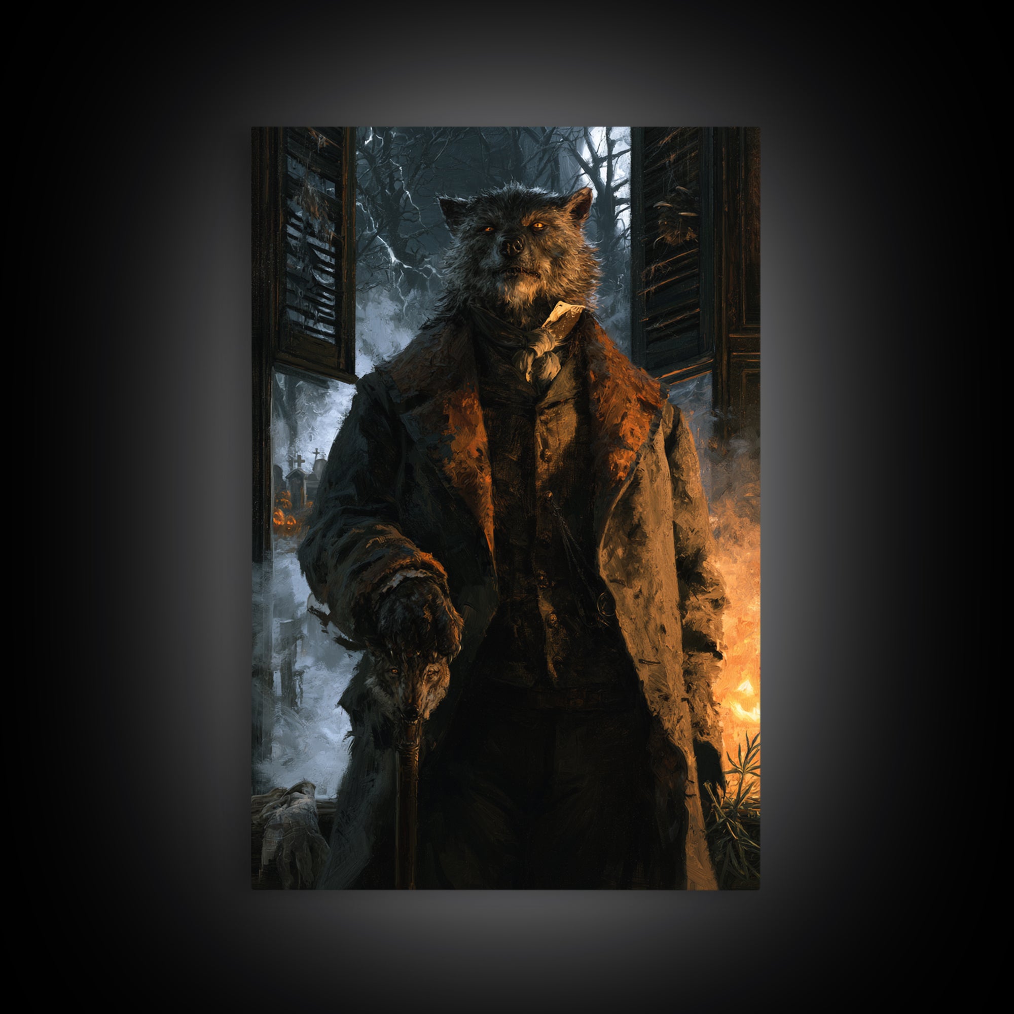 The Moorland Huntsman, Victorian Werewolf Portrait, Vertical Canvas Print, Classic Halloween Decor, Classic Monster Art