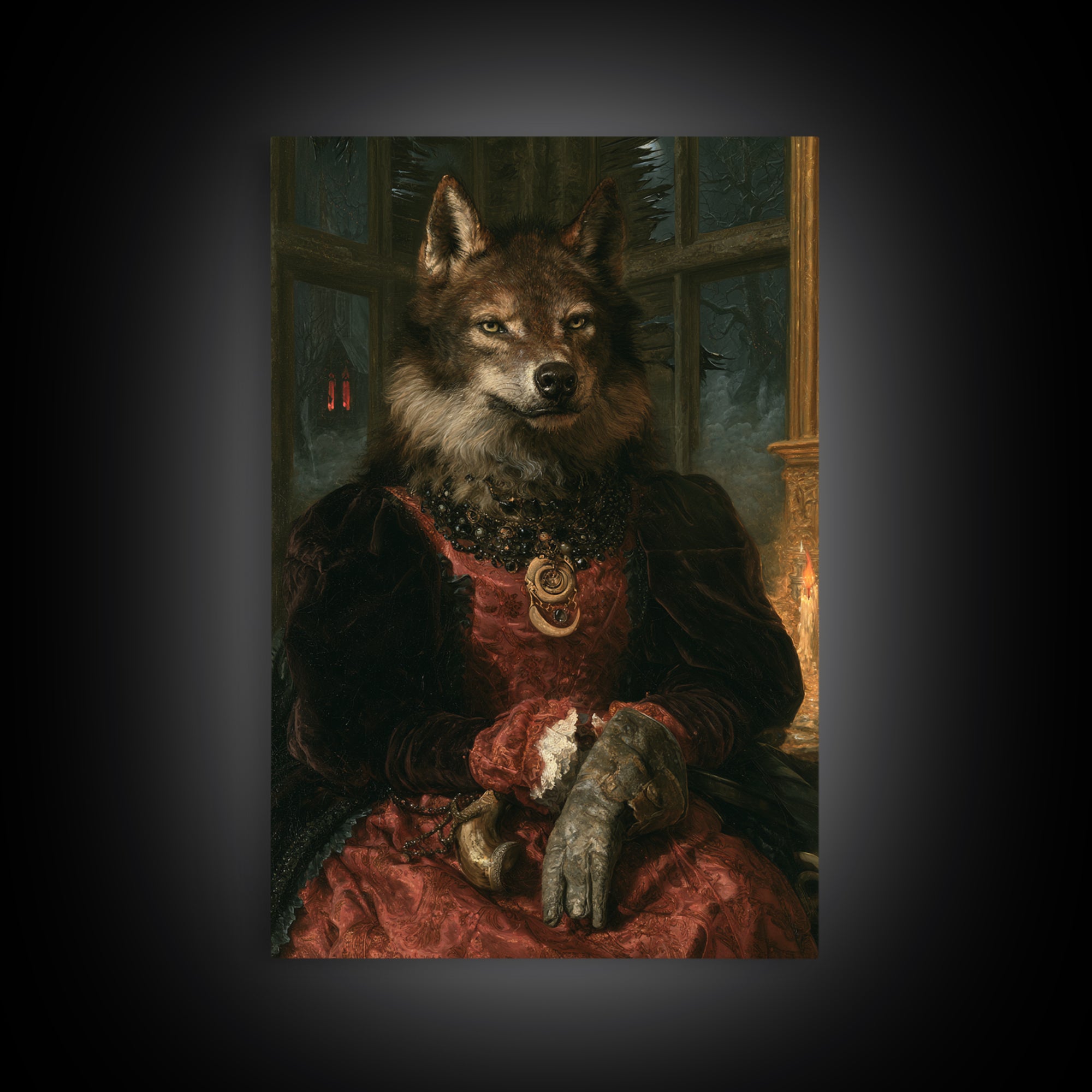 The Velvet Lycan Duchess, Victorian Werewolf Portrait, Vertical Canvas Print, Gothic Home Decor, Gothic Wall Decor, Classic Monster Art