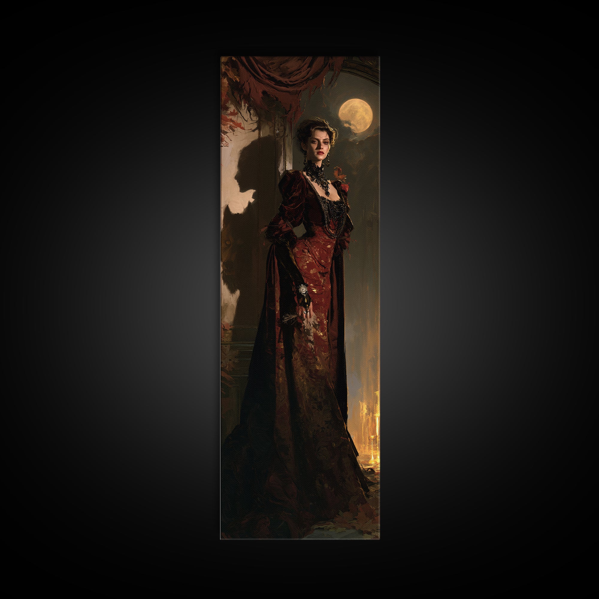 The Velvet Lycan Duchess, Victorian Werewolf Portrait, Tall Narrow Canvas Print, Gothic Home Decor, Spooky Season Decor, Classic Monster Art