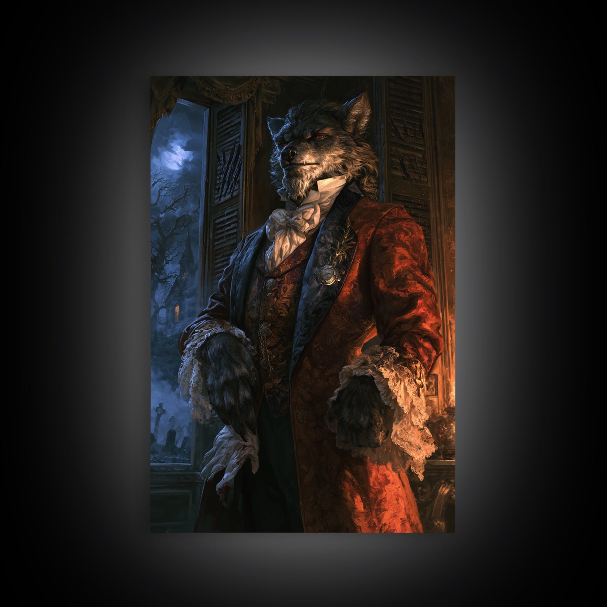 The Ballroom Lycan, Victorian Werewolf Portrait, Vertical Canvas Print, Antique Style Decor, Antique Horror Decor, Classic Monster Art