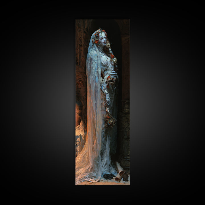 The Mausoleum Bride, Victorian Mummy Portrait, Tall Narrow Canvas Print, Macabre Home Decor, Halloween Portrait Art, Classic Monster Art