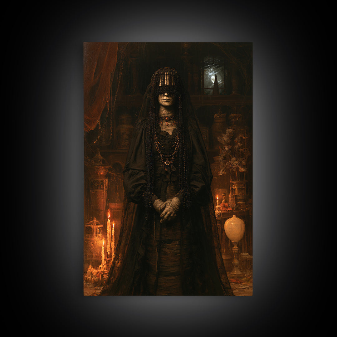 The Canopic Widow, Victorian Mummy Portrait, Vertical Canvas Print, Macabre Home Decor, Spooky Season Decor, Classic Monster Art