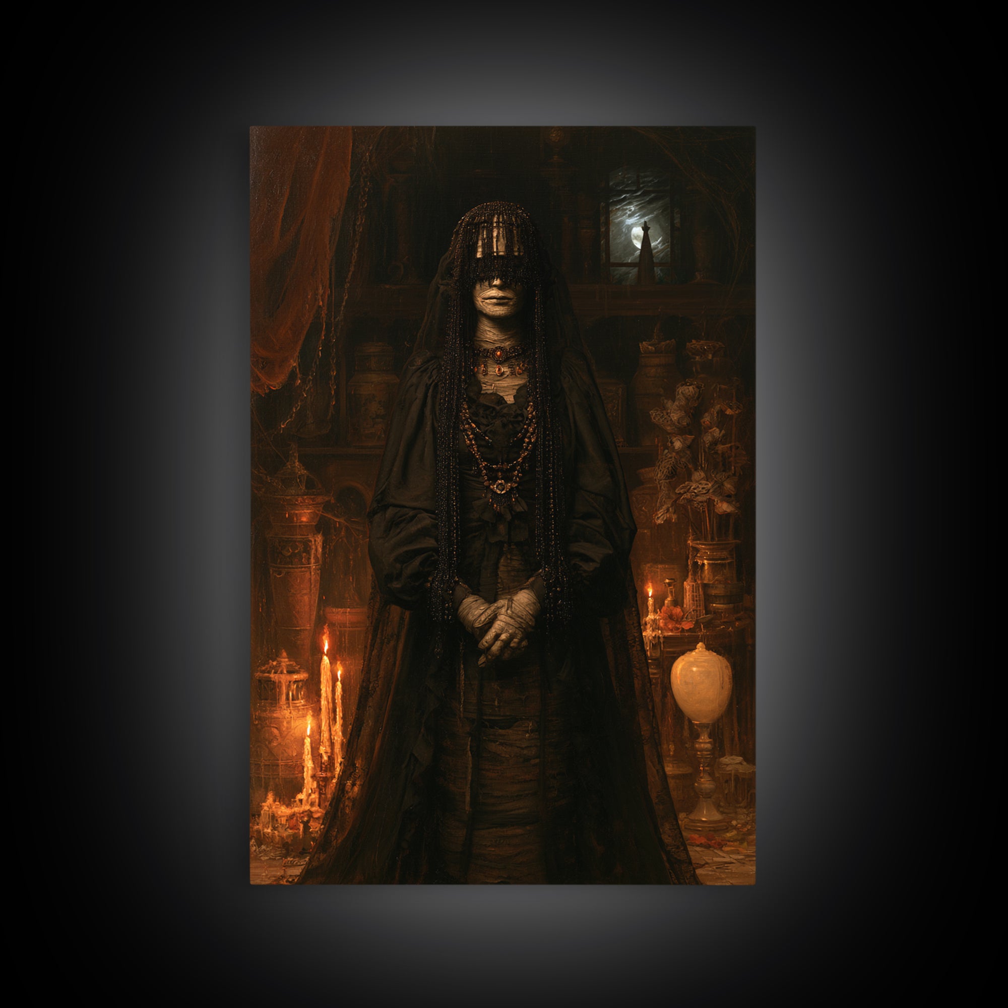 The Canopic Widow, Victorian Mummy Portrait, Vertical Canvas Print, Macabre Home Decor, Spooky Season Decor, Classic Monster Art