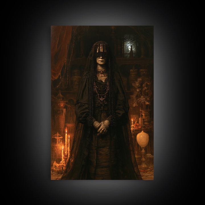 The Canopic Widow, Victorian Mummy Portrait, Vertical Canvas Print, Macabre Home Decor, Spooky Season Decor, Classic Monster Art