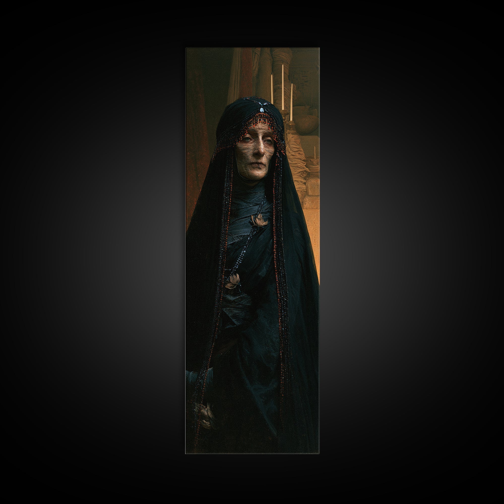 The Canopic Widow, Victorian Mummy Portrait, Tall Narrow Canvas Print, Classic Halloween Decor, Antique Horror Decor, Classic Monster Art