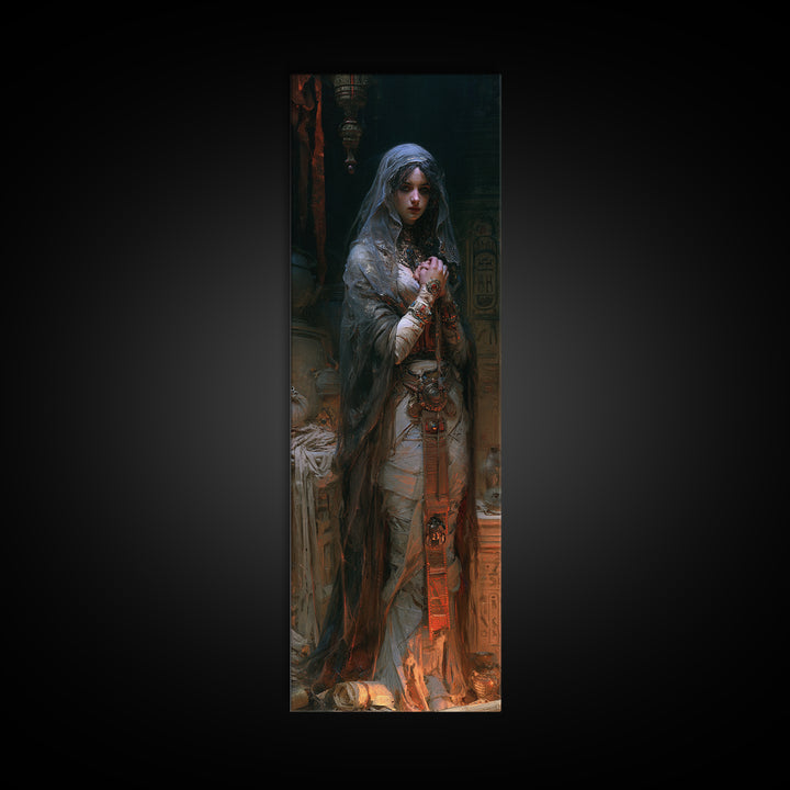 The Pyramid Heiress, Victorian Mummy Portrait, Tall Narrow Canvas Print, Antique Style Decor, Halloween Portrait Art, Classic Monster Art