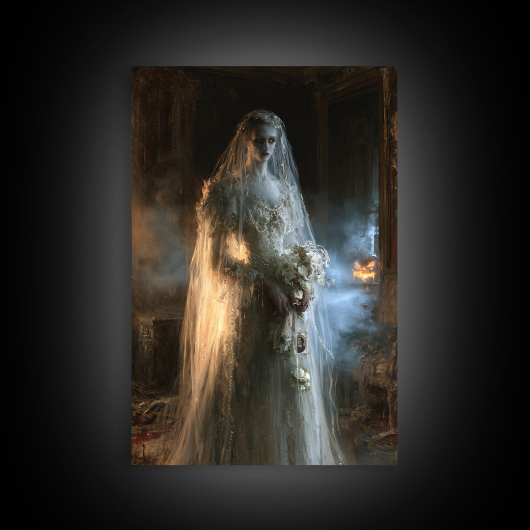 The Hollow-Eyed Bride, Victorian Ghost Portrait, Vertical Canvas Print, Gothic Home Decor, Halloween Portrait Art, Classic Monster Art