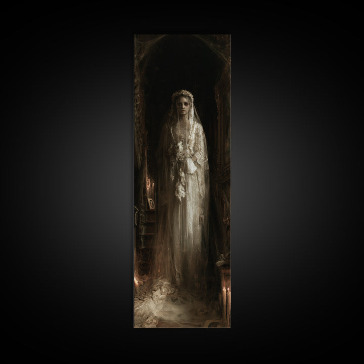 The Hollow-Eyed Bride, Victorian Ghost Portrait, Tall Narrow Canvas Print, Classic Halloween Decor, Canvas Print, Classic Monster Art