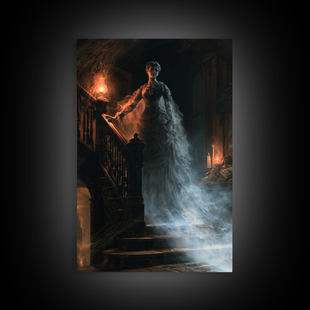 The Staircase Apparition, Victorian Ghost Portrait, Vertical Canvas Print, Antique Style Decor, Halloween Portrait Art, Classic Monster Art