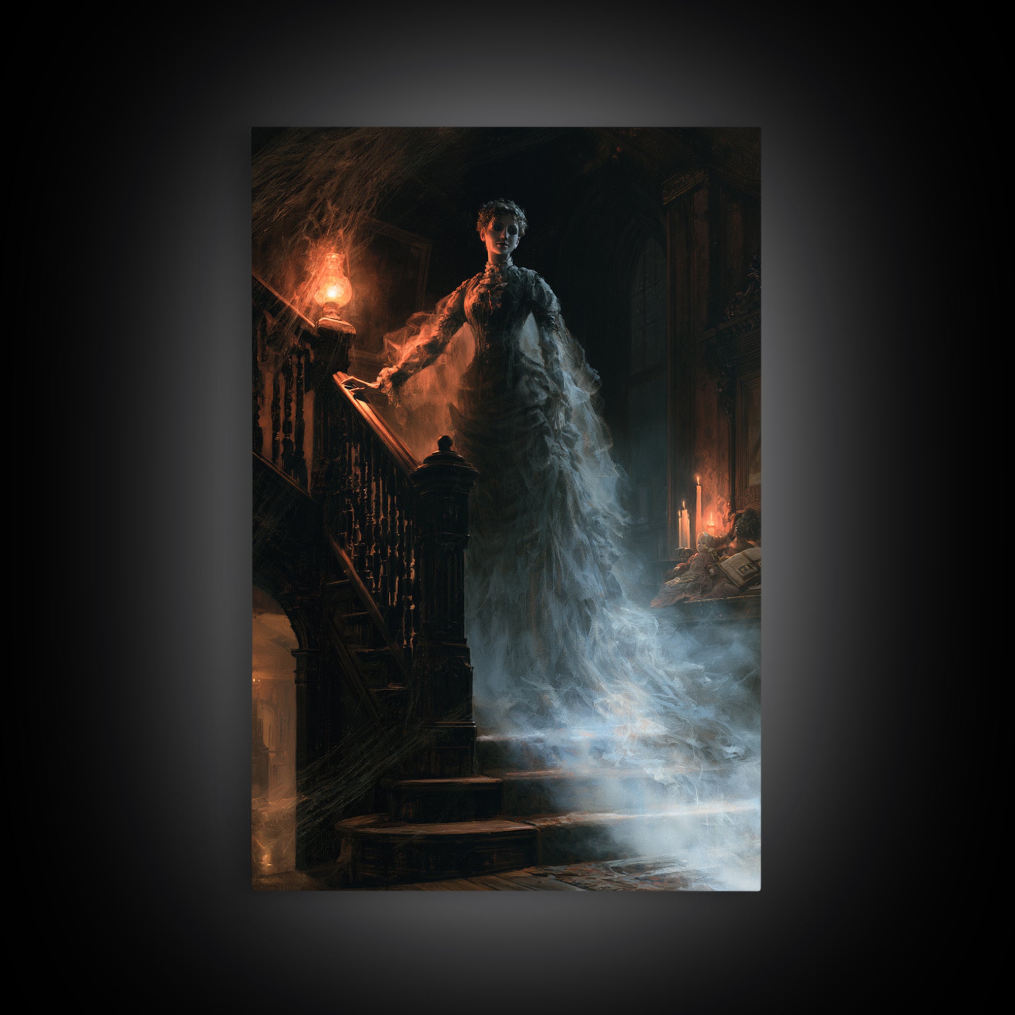The Staircase Apparition, Victorian Ghost Portrait, Vertical Canvas Print, Antique Style Decor, Halloween Portrait Art, Classic Monster Art