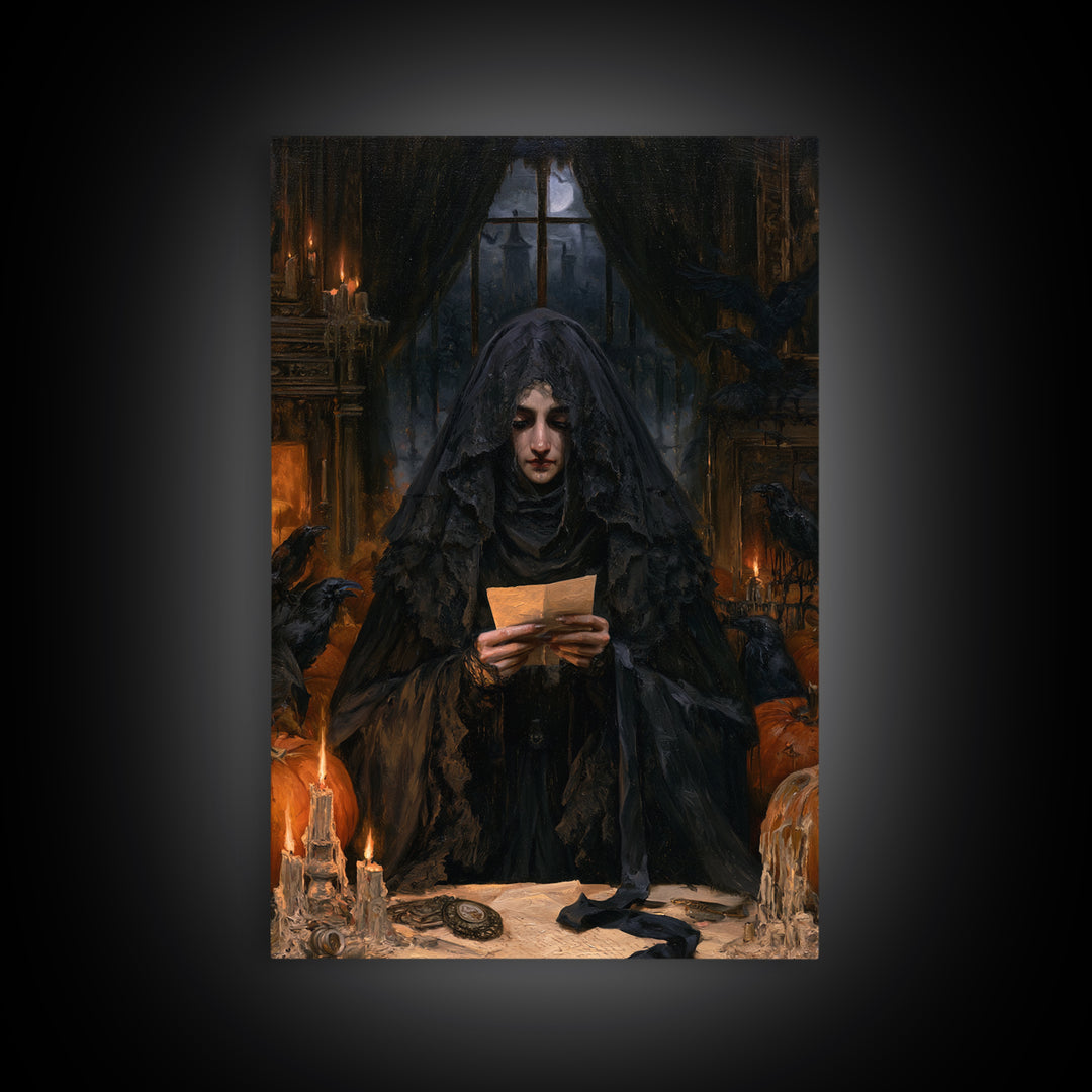 The Veiled Mourner, Victorian Ghost Portrait, Vertical Canvas Print, Antique Style Decor, Halloween Portrait Art, Classic Monster Art