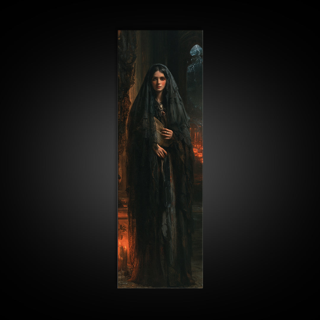 The Veiled Mourner, Victorian Ghost Portrait, Tall Narrow Canvas Print, Classic Halloween Decor, Gothic Wall Decor, Classic Monster Art