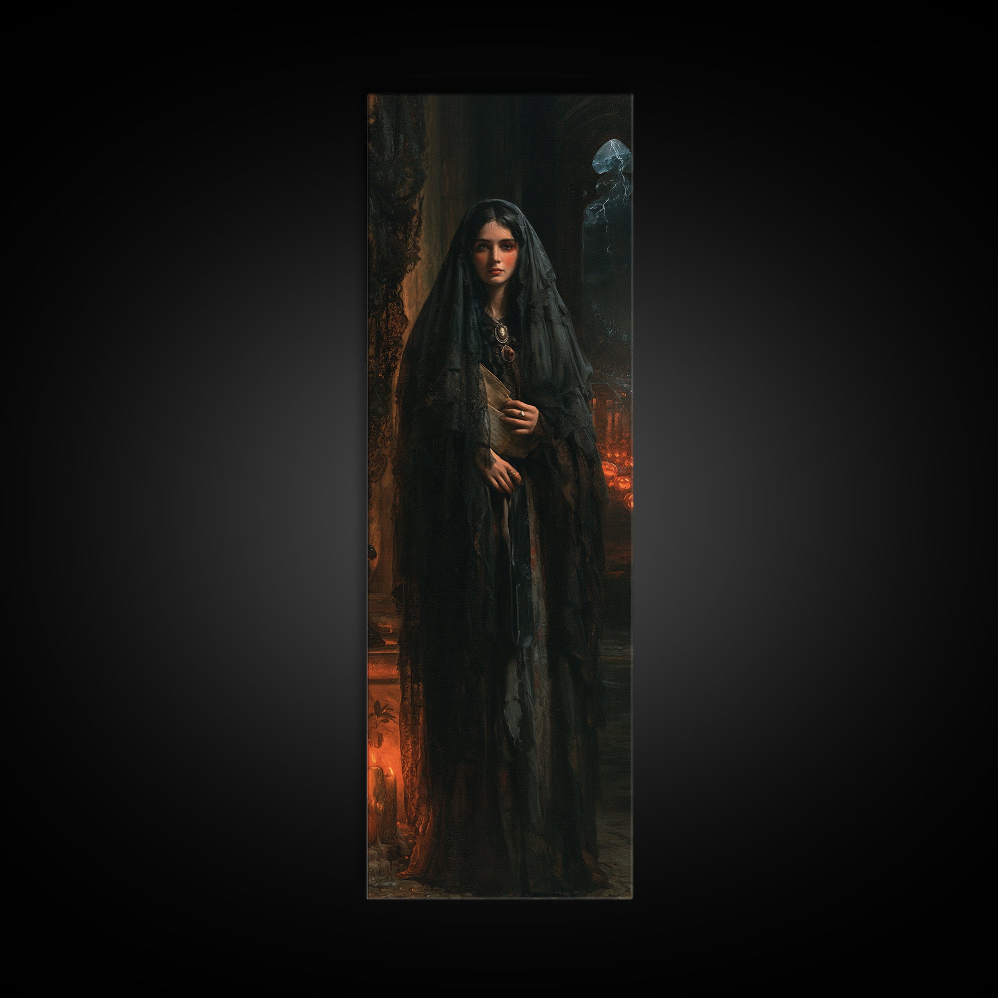 The Veiled Mourner, Victorian Ghost Portrait, Tall Narrow Canvas Print, Classic Halloween Decor, Gothic Wall Decor, Classic Monster Art