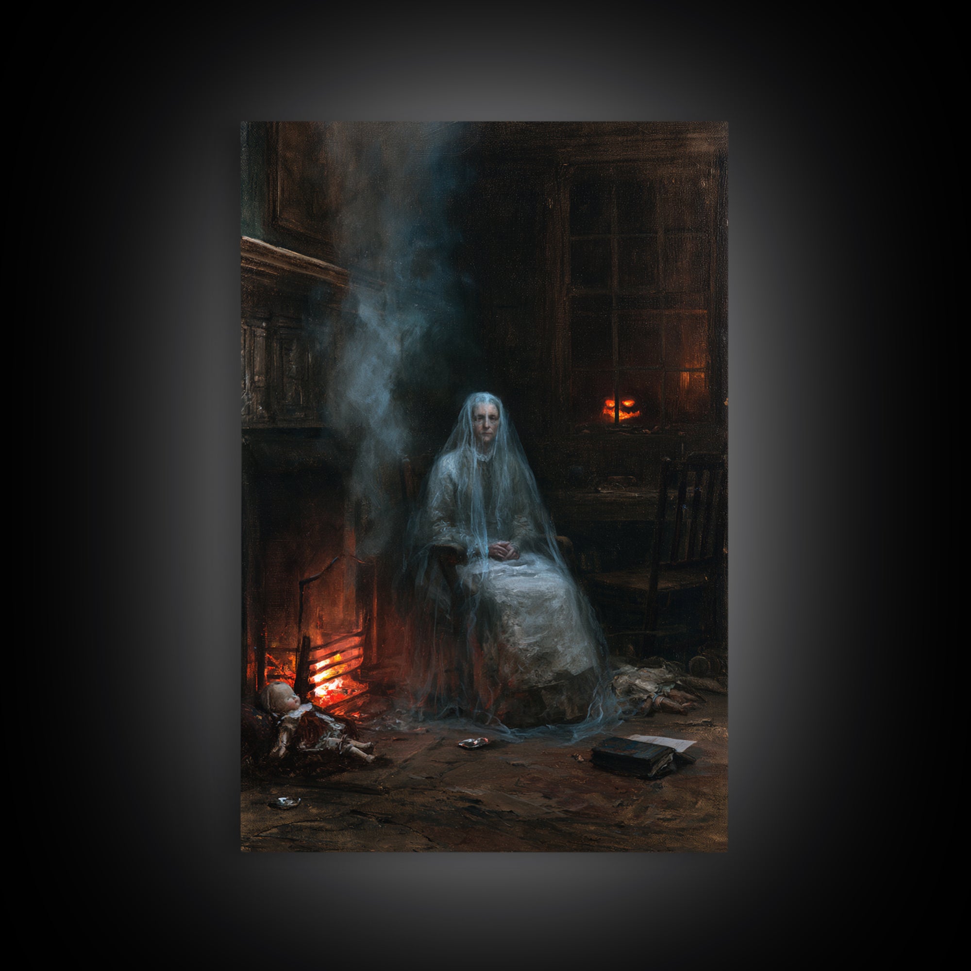 The Hearthside Shade, Victorian Ghost Portrait, Vertical Canvas Print, Classic Halloween Decor, Canvas Print, Classic Monster Art